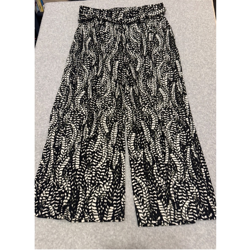 Joan Vass New York Black White Abstract Print Wide Leg Pants XL Vacation Culotte